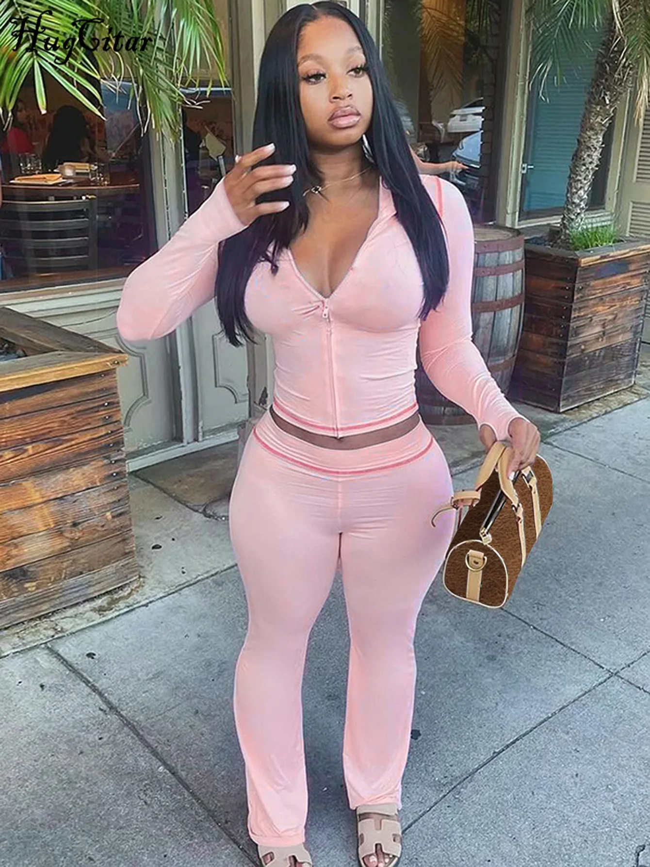Hugcitar Fashion 2 Pcs Sets Print Long Sleeve Hoodied Zipper Sexy Crop Coat Wide Leg Pants Fall Women Outfit Festival Nightclub