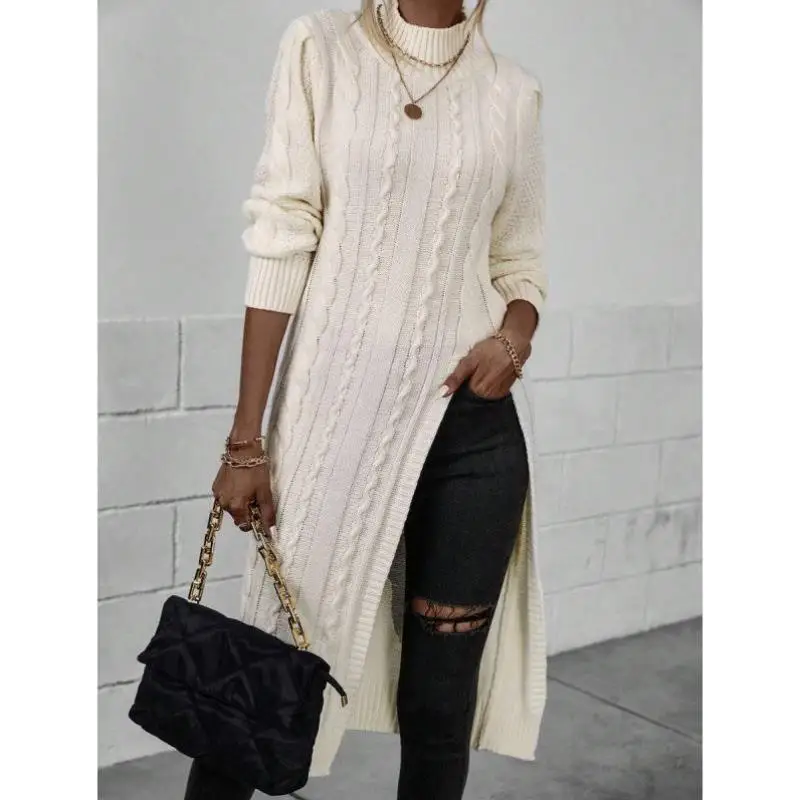 

Long Knitted Sweater High Collar Split Design Fem Ne ex Ciwalk Coolmax Fiber Deformable Knitwear