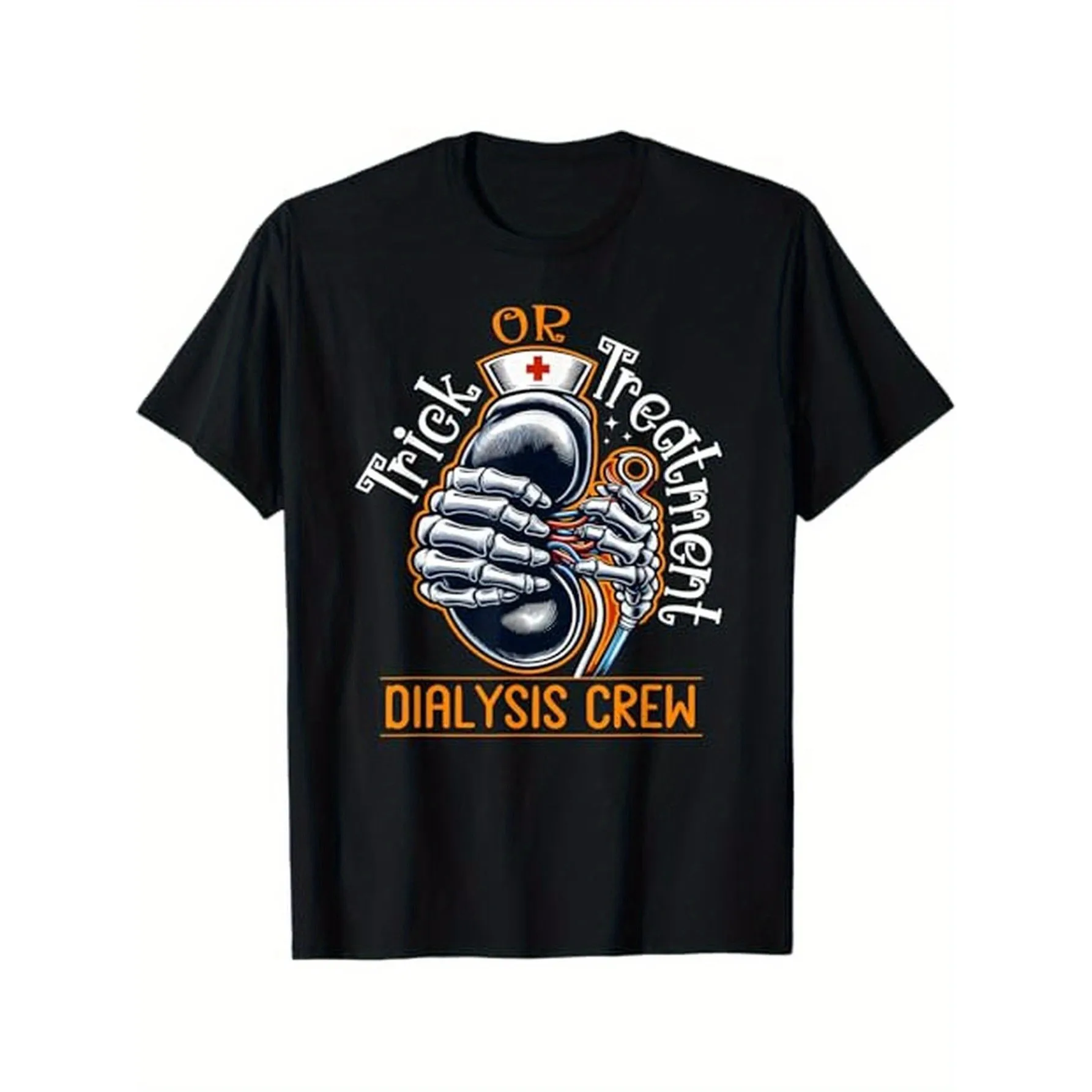 Men's Black T-Shirt with Trick or Treat & Dialysis Crew Graphic - Halloween-Themed Design, Casual Crew Neck