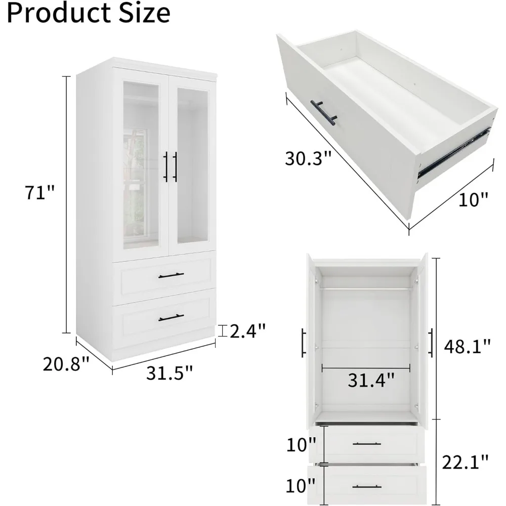 Multifunctional Wardrobe Wooden Armoire Wardrobe Closet With Glass Door Assembly Closet for Clothes Bedroom Clothes Cabinet Room