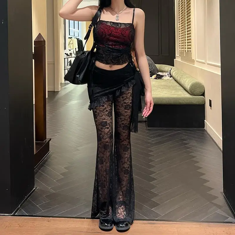 Bla renda terne conjunto gótico saltos loween traje feminino faion calças compridas fibra de poliéster irt workwear
