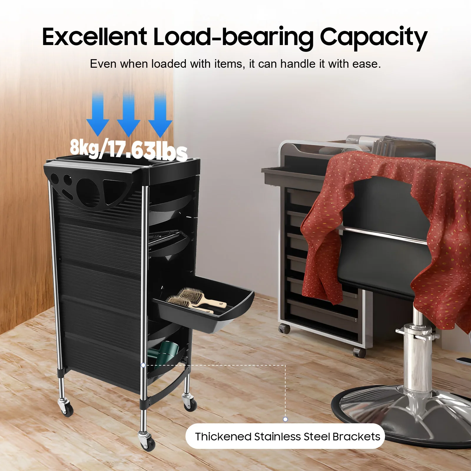 5-stufiger Salonwagen mit großer Kapazität für die Friseursalonstation, platzsparender rollender Schönheitswagen für zusätzliche Aufbewahrung,