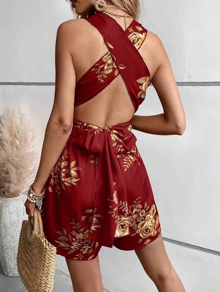 

Sexy Hot Girl Backless Jumpsuit Deep V-neck High Waist Fashion Lace-up Flower Print Vest Female Shorts Rompers Women's Playsuit