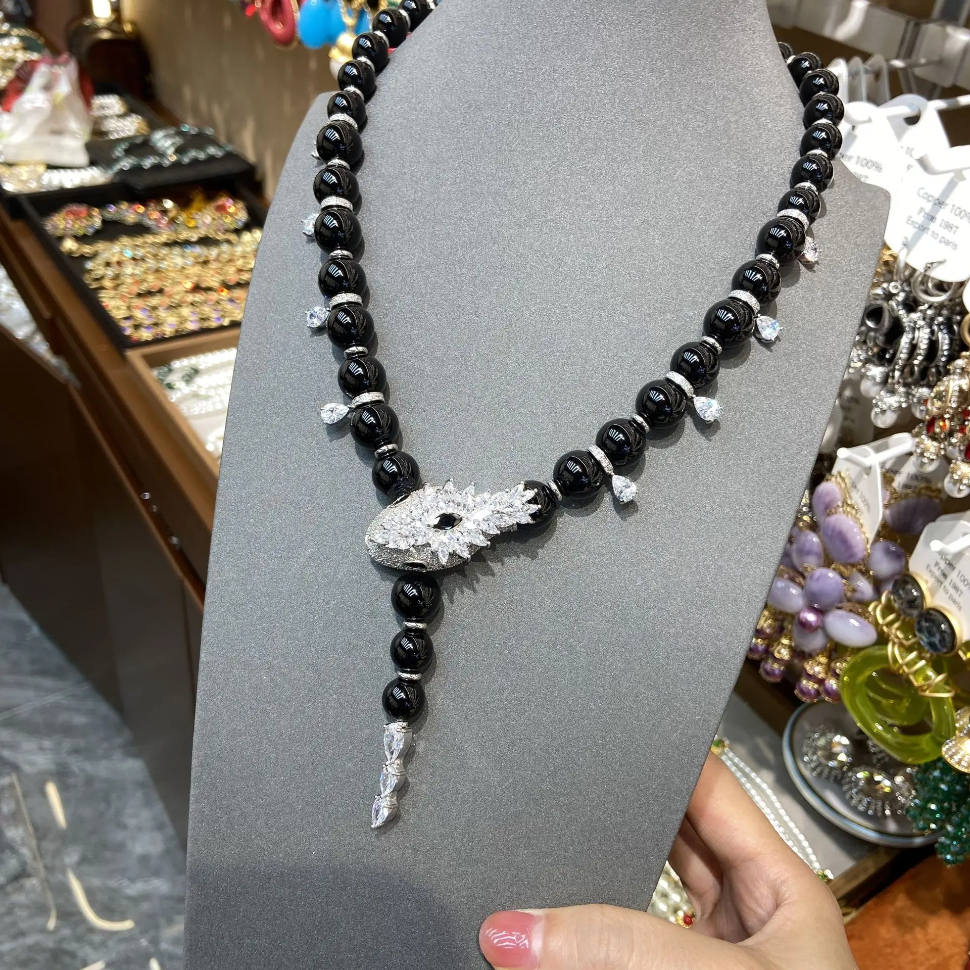 Women Black glazed agate female zircon Necklace 2024