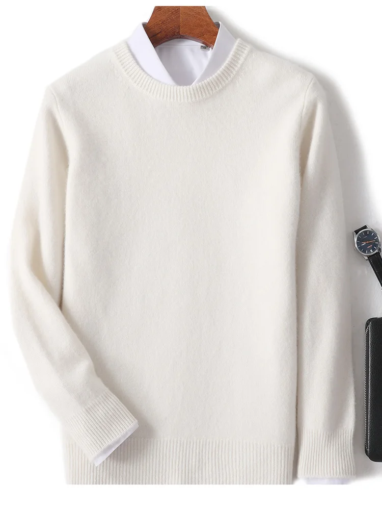 New Autumn Winter Men's O-Neck Pullover Knitted Sweater 100% Merino Wool Thick Solid Business Soft Warm Basic Clothing Tops