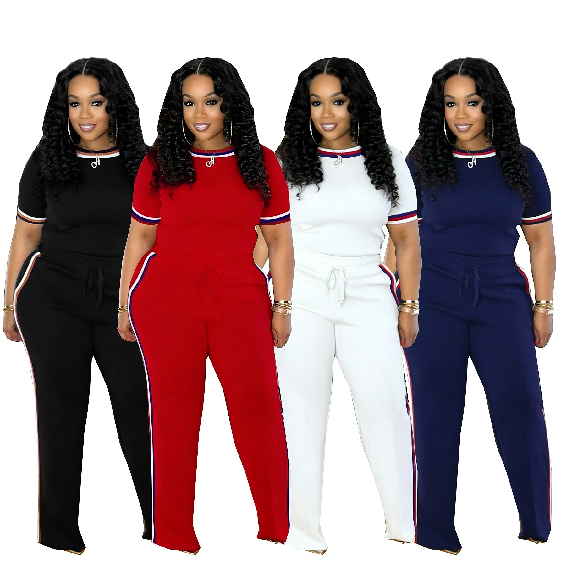 Fashion 2 Piece Matching Set Women Casual Loose Contrast Color Striped Knit Lounge Sets Spring Summer