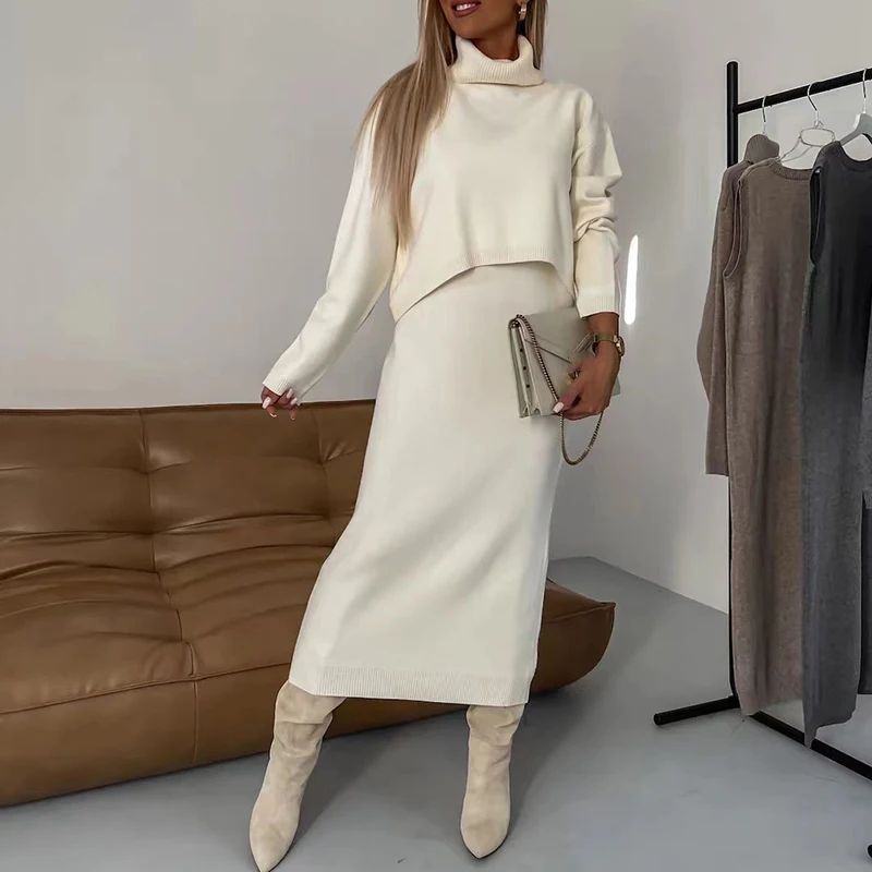 Elegant Turtleneck Pullover Top & Vest Dress Outfits Women Causal Long Sleeve Solid Knit Suit Fashion Sweater Soft Loose 2Pc Set