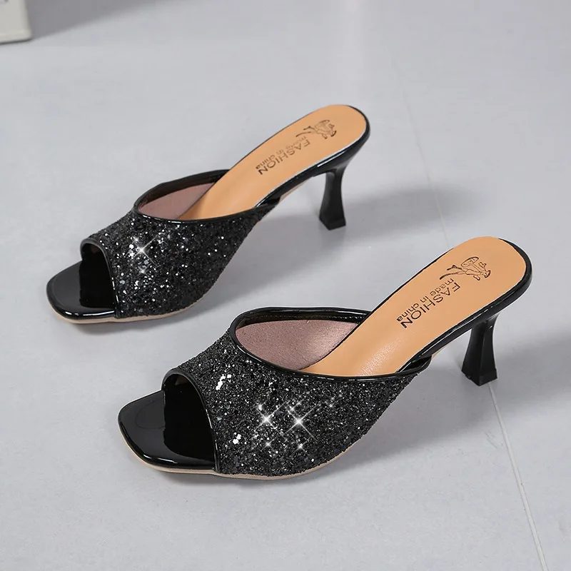 2026 Sommer Sexy Slip-on Damen High Heels Glitzernde Neue Offene Zehenpartie Damen Freizeitsandalen Elegante Damen Partysandalen 35-43