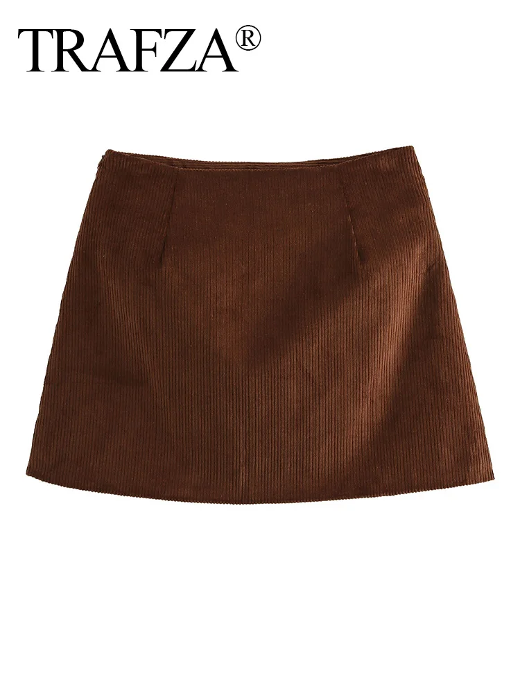 TRAFZA Women Autumn Fashion Versatile Solid Corduroy Side Zipper Skirt Female Vintage High Street Casual A-Line Mini Skirt