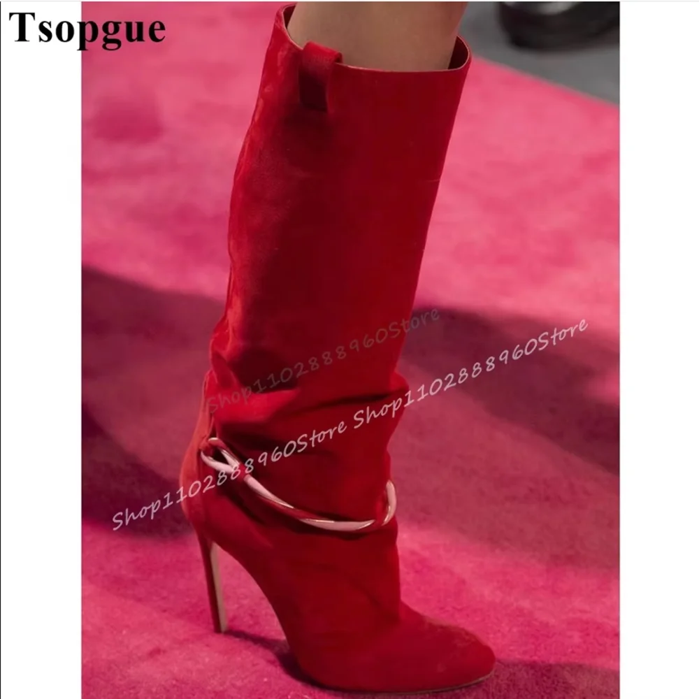 Plus Size Knee High Red Flock String Boots Thin High Heel Shoes For Women Slip On Round Toe Catwalk Trending Party Women Boots