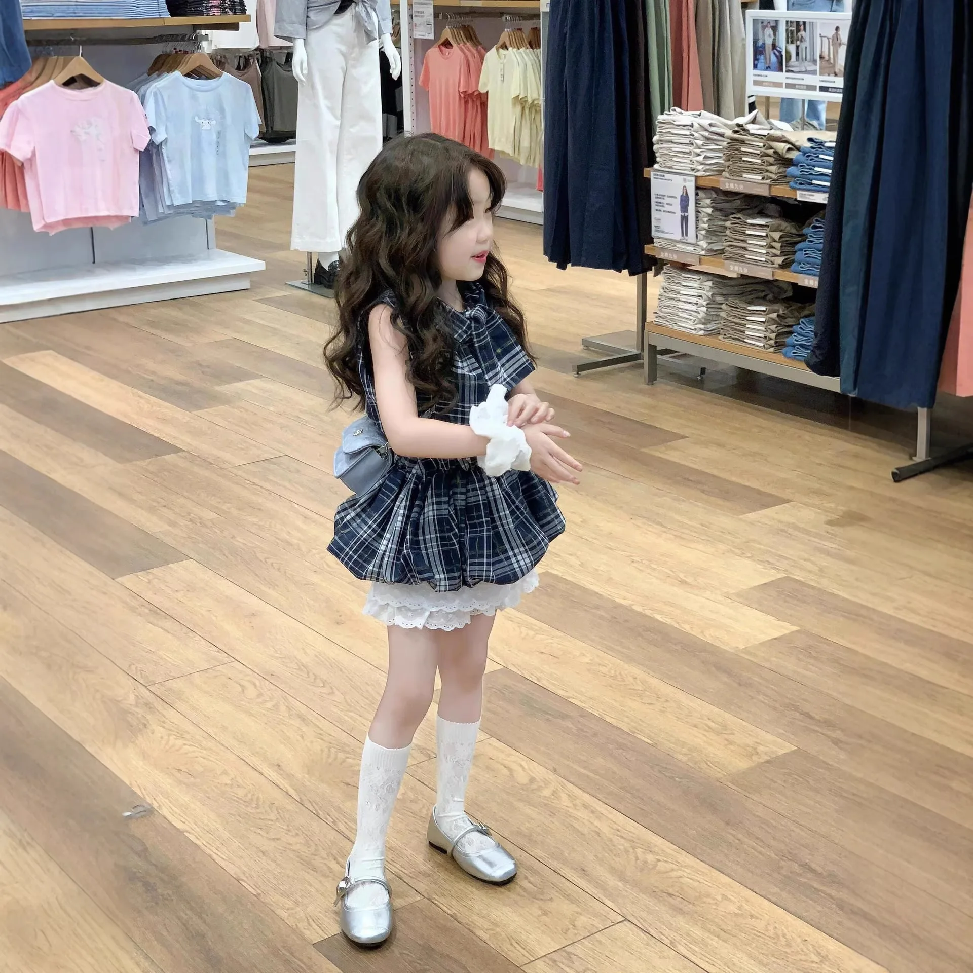 

2026 New Summer Girls Plaid Sleeveless Bud Blouse with Bow Lace Trim Short Skirt Korean Fashion Cute Set