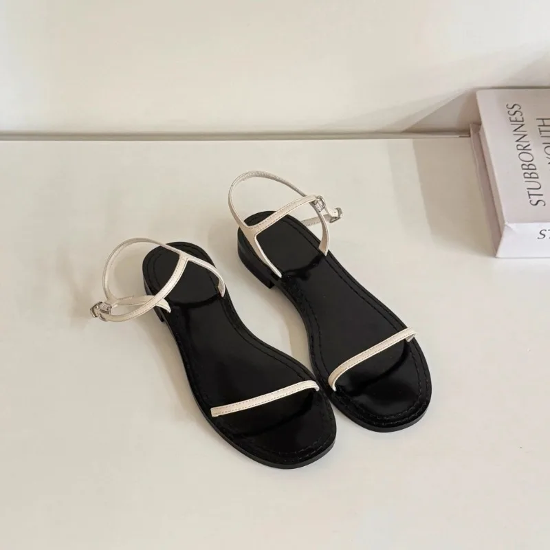 

Korean Fashion Tide Casual Flats Sandals Women Shoes Open-toe Thin Strap Simple Sandal 2025 Summer Sheepskin Leather Sandalias