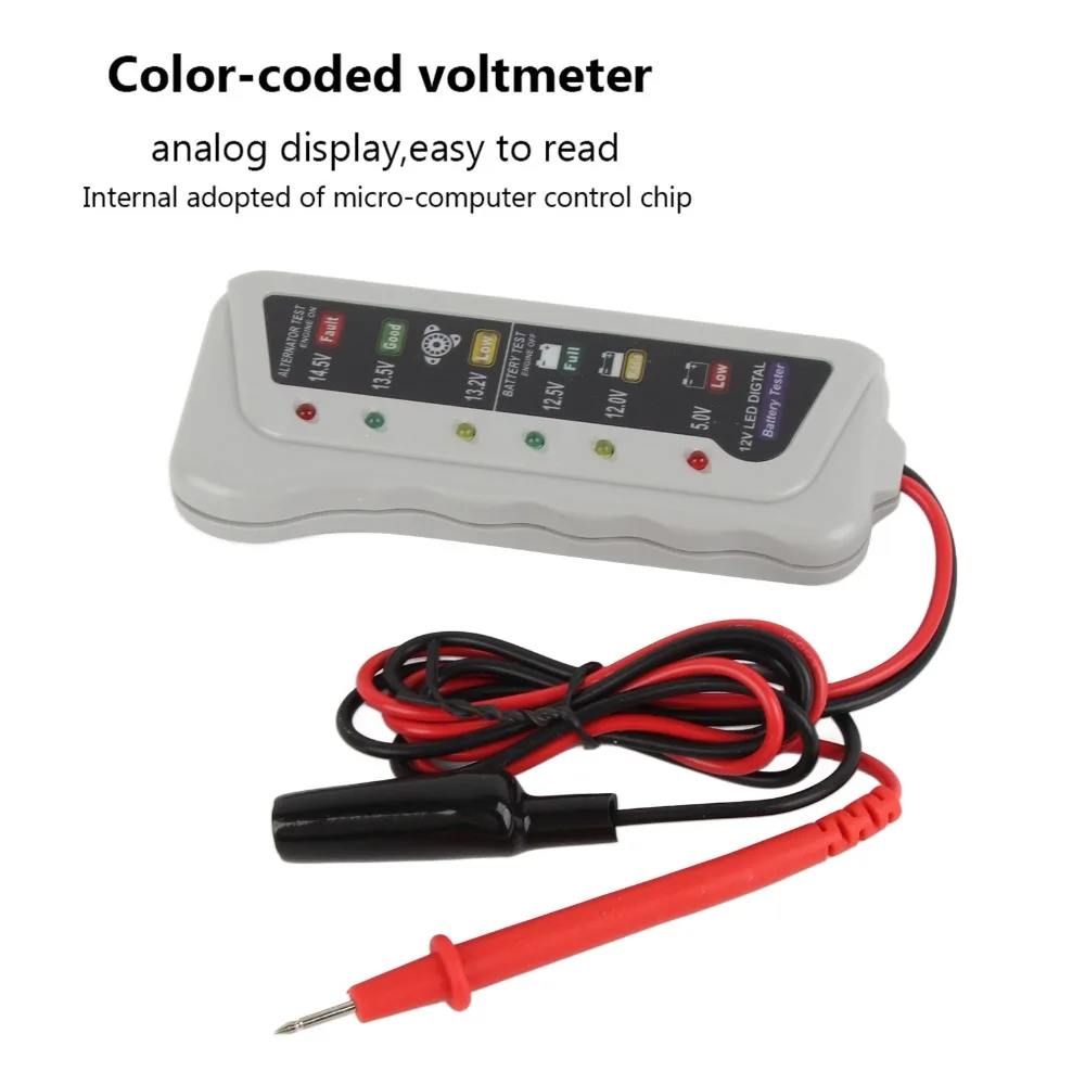 Grey 12V Battery Tester Plastic 6 LED Indicators Alternator Tester 2-14.8V Range Battery Condition Tester Car Battery Test