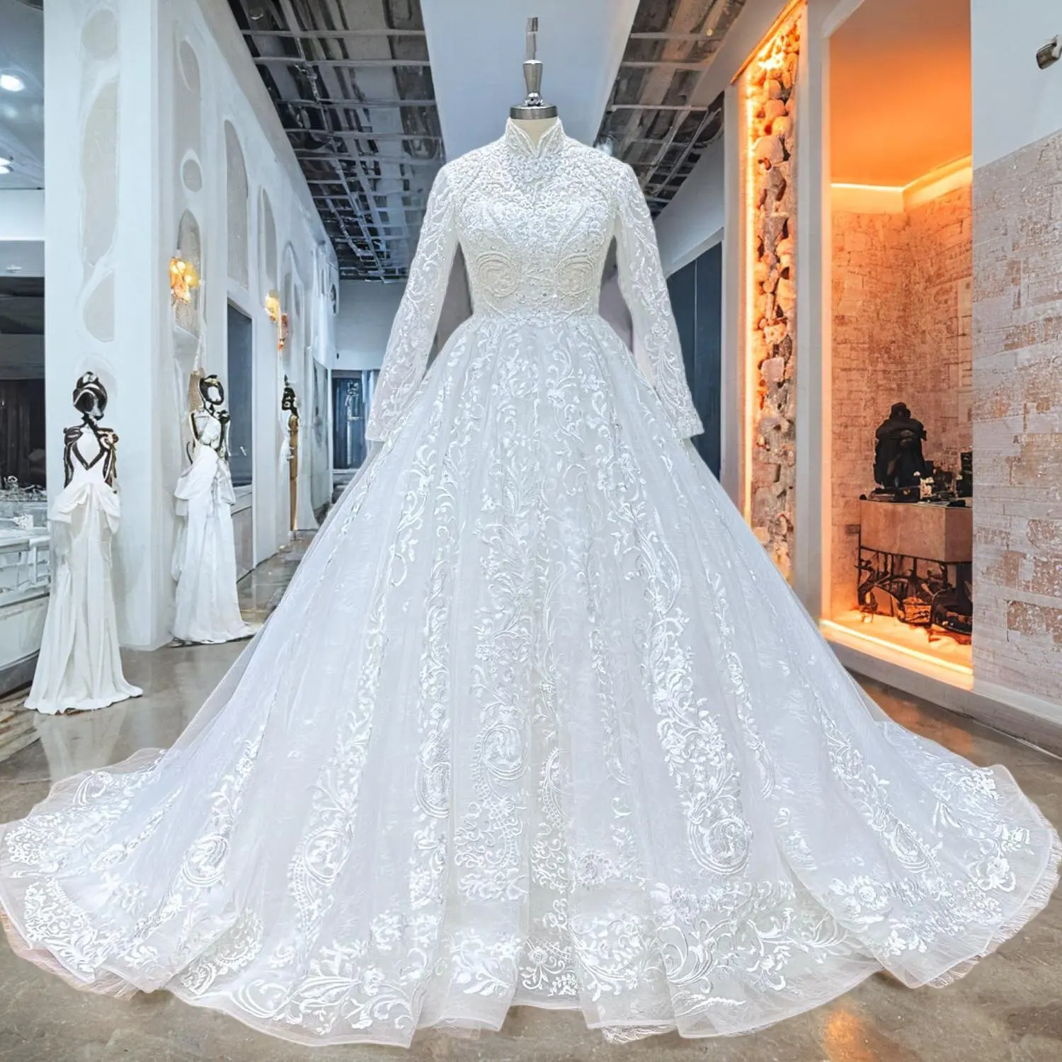 

Hire Lnyer High Neck Long Sleeve Full Beading Pearls Sequins Appliques Lace Ball Gown Wedding Dresses Real Office Photos Video