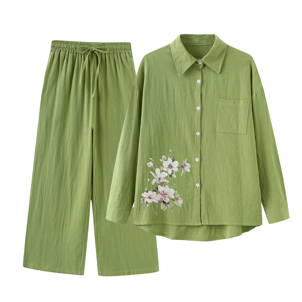 Losse effen kleur broek met enkele rij knopen en wijde pijpen Dames 2-delige set Retro katoenen en linnen overhemd Hoog getailleerde broekset