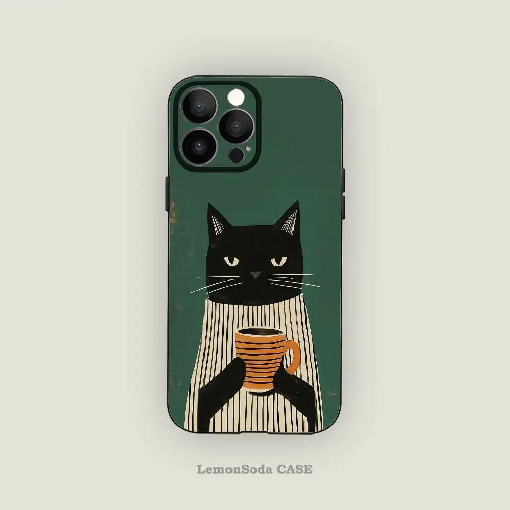Striped Shirt Coffee Cat Phone Case Black Silicone Matte Phone Case For Iphone 17 Air 16 15 14 13 12 11 Pro Max TPU Soft Case