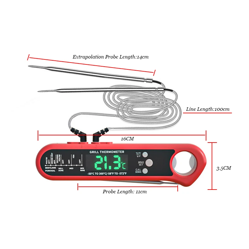 3 in 1 Digital Meat Thermometer Instant Read Food Thermometer with 2 Wired Probe LCD Backlight for Grilling Cooking BBQ Kitchen