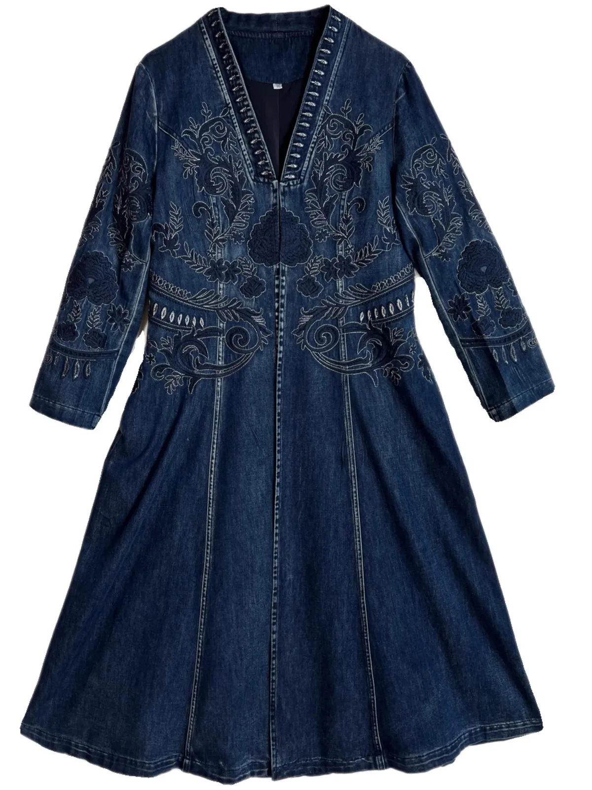 TIYIHAILEY خمر المرأة طويلة منتصف العجل الخريف الدنيم M-2XL النمط الصيني التطريز كم كامل فستان السيدات معطف