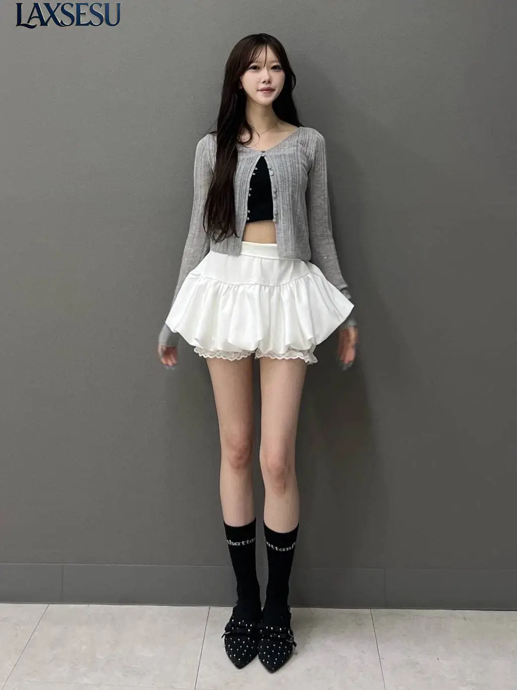 Japanese Sweet Girl Comfortable Half Skirt Anti Light Wave Point Solid Color Lace Edged Pumpkin Puff Half Skirts for Women