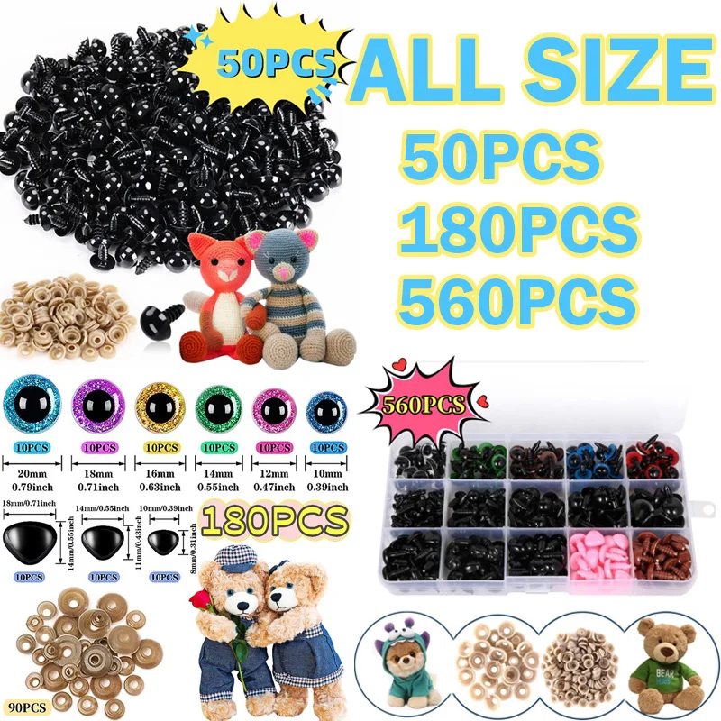 Muñecas mixtas, ojos de plástico negro con arandelas, ojos de seguridad brillantes para juguetes, Kit de narices pequeños DIY, suministros para hacer osos de peluche hechos a mano