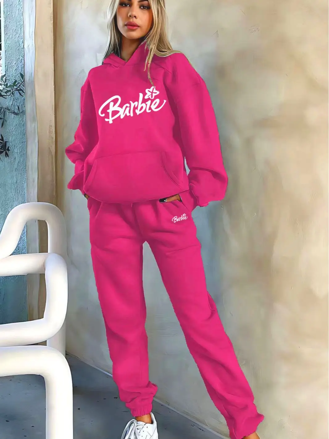 Barbie Fashionable Sports Long-sleeved Trousers Suit Hooded Letter Print Sweatshirt Anime Kawaii Women\'s Two-piece Set Girl Gift