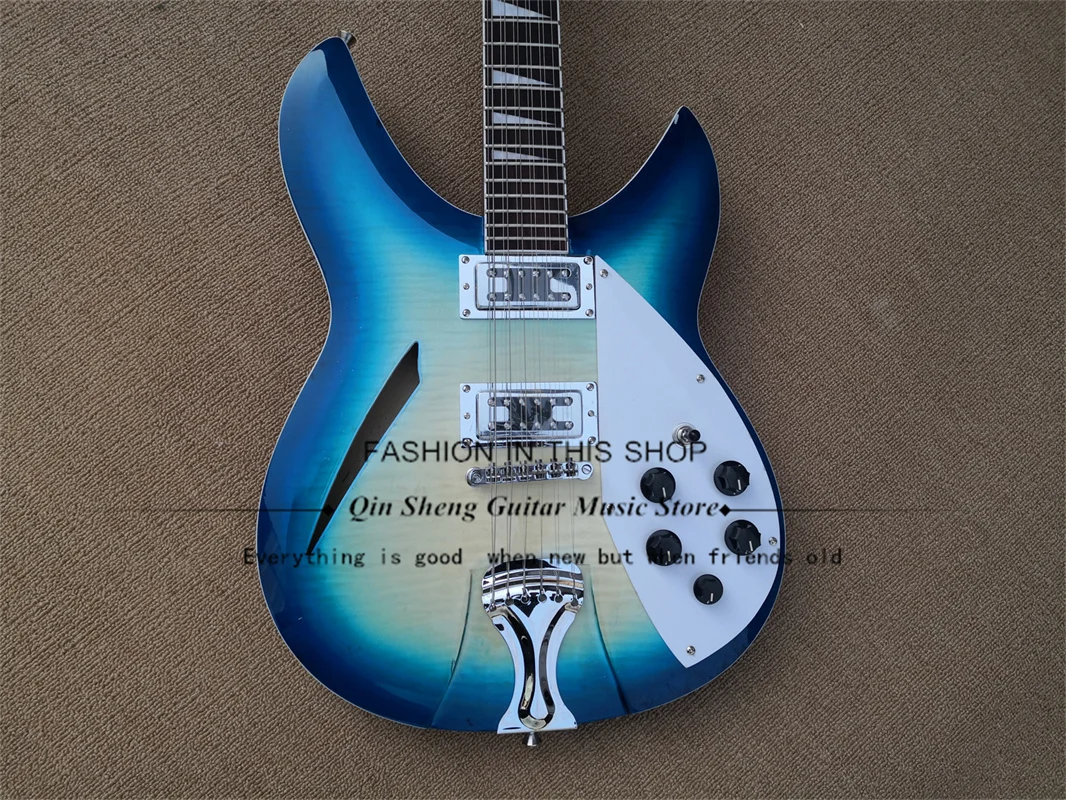 12-String Electric Guitar, 350\360 Guitar, Blue Semi hollow Body, White binding Chrome buttons