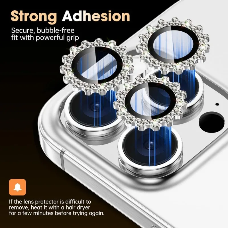 1Set Bling 3D Metal Gear Design Diamond Camera Lens Glass Protector For IPhone 11-16 17 Pro Max 15Pro 16Plus Case Friendly Rings