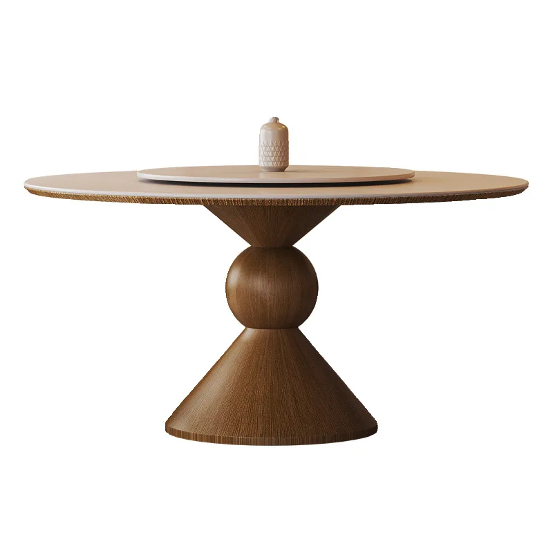 

Medieval solid wood rock slab dining table and chair combination round with turntable household round Nordic dining table