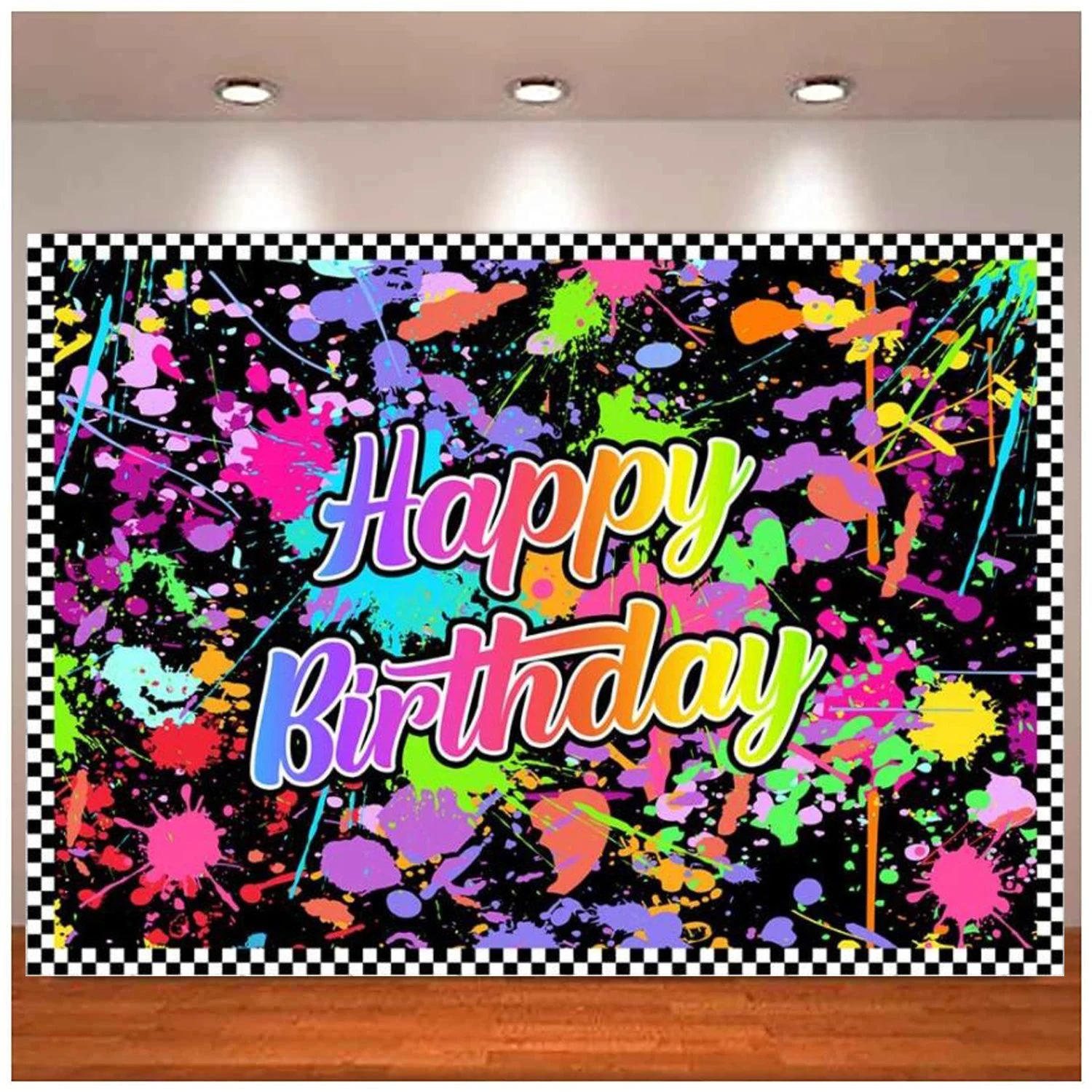 

Neno Glow in The Dark Happy Birthday Party Photography Backdrops Colorful Graffiti Splash Paint Background Black Light Decor