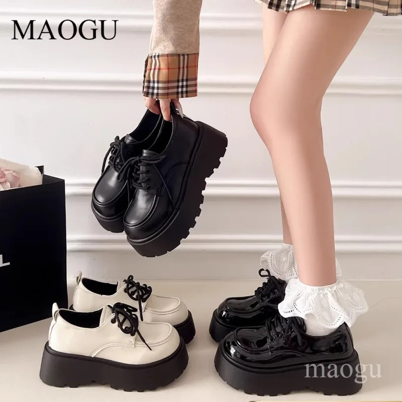 British Style Women Platform Loafers Lace‑up Thick Sole Preppy Uniform Shoes Chunky Sole Non‑slip Casual Woman Shoes Size 35-40