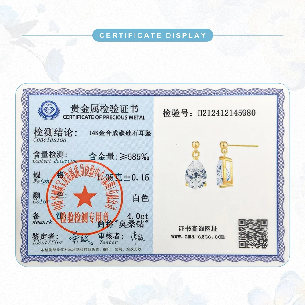 Real Au585 14k Gold Drop Earrings for Women7*10mm 2ct Pear Cut Moissanite Diamond Water Drop Wedding Jewelry with Certificate
