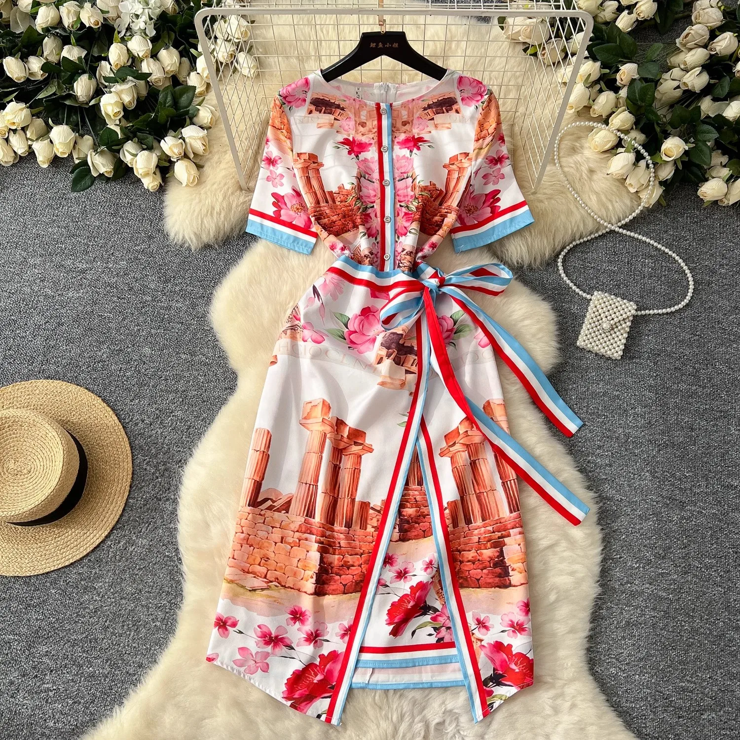 New 2025 Spring Summer Holiday Lace Up Wrap Dress Vintage Women O Neck Short Sleeve Flower Print High Waist Irregular Knee Dress