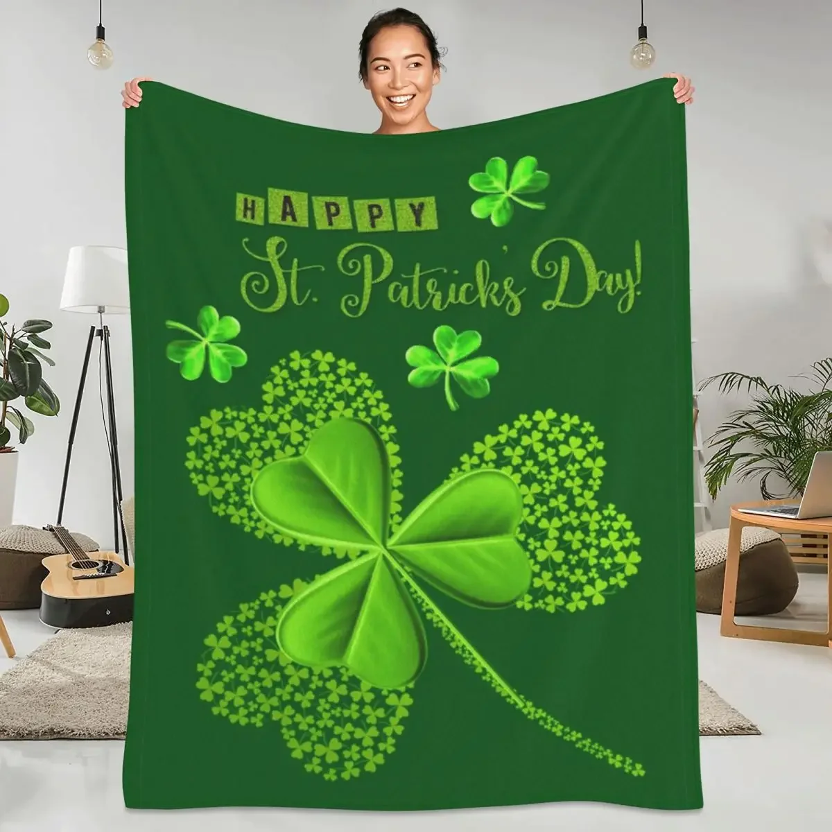 St. Patrick's Day Flannel Blankets Green Plant Super Soft Bedding Throws for Bedroom Travel Funny Bedspread Sofa Bed Cover