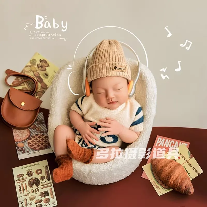 

Одежда для фотосъемки новорожденных, шапка + комбинезон + носки + нить + сумка + наушники + карточная студия, реквизит для детской фотосессии, аксессуары, одежда, наряды