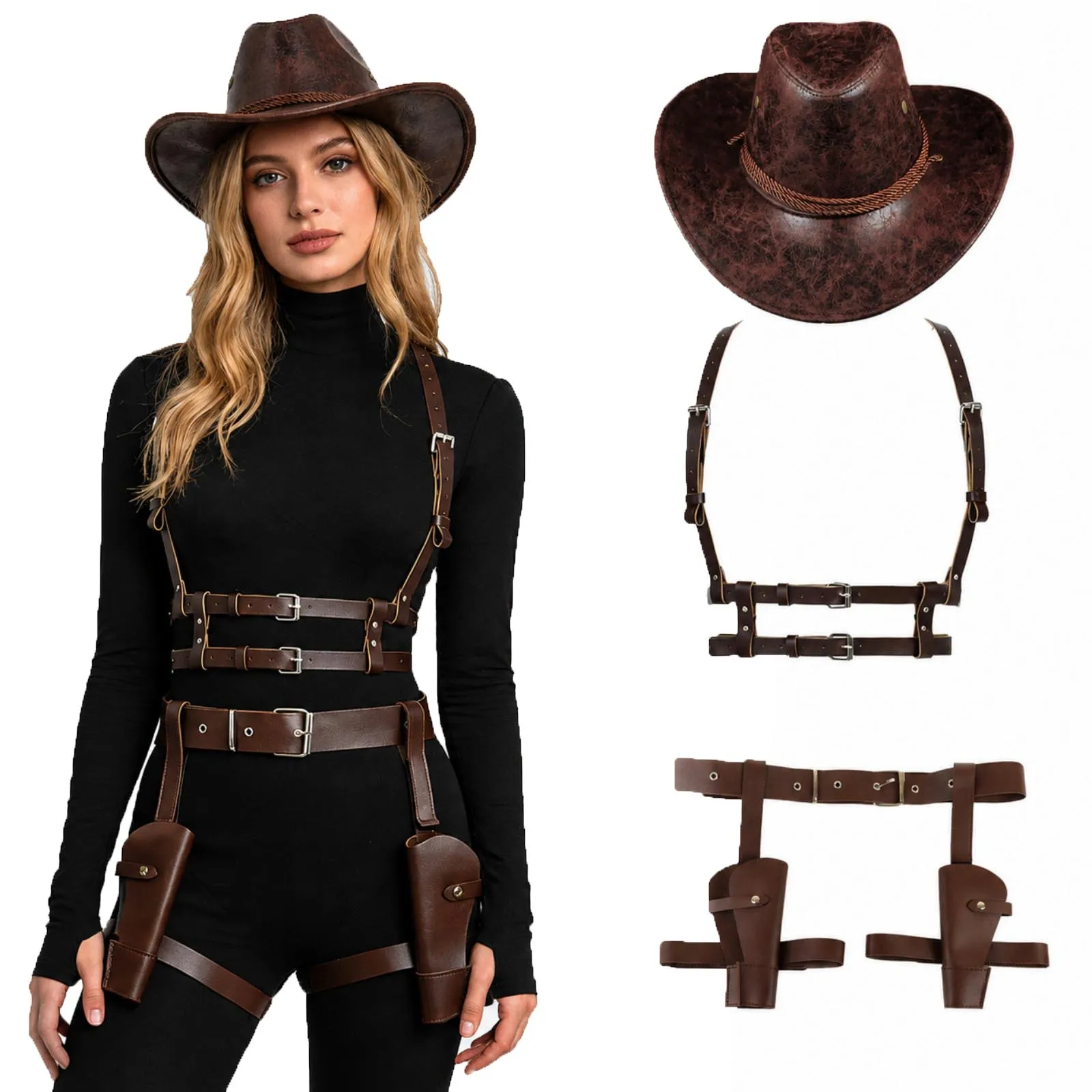AwwwCos Western Cowboy Hat Explorer Costume Accessory Set Faux Leather Body Harness Double Thigh Holster Halloween Cosplay Props