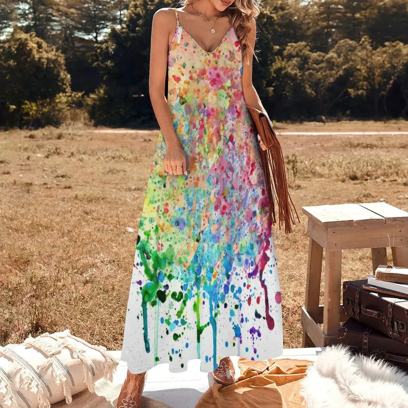 Rainbow Paint Splatter Drip Sleeveless Dress women's summer clothing 2024 dresses for womens Dress