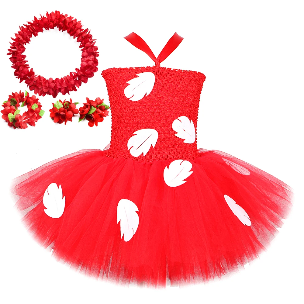 Red Hawaiian Ballet Tutu Dress for Girls Hula Party Dance Costumes for Kids Hawaii Princess Dresses Outfit with Flowers Garland