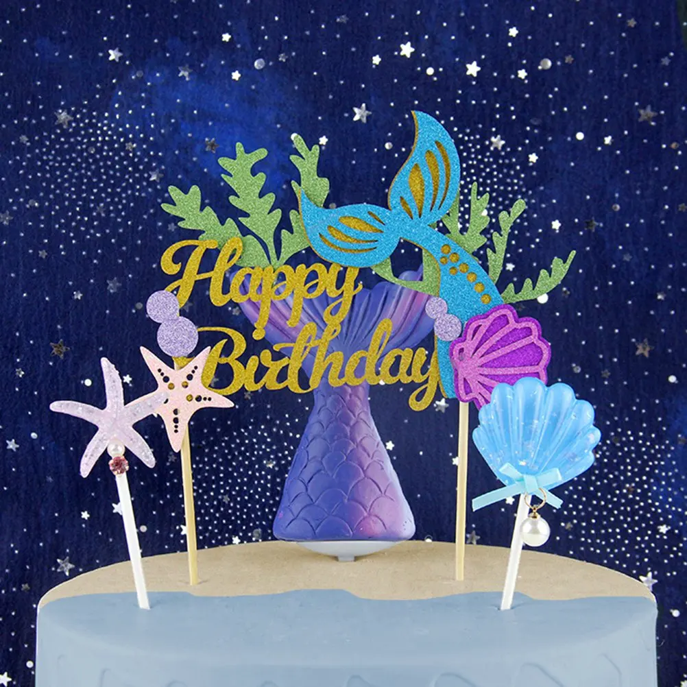 

2pcs Cake Decor Shining Shell Sea Star Coral Dessert Topper For Birthday Party Festival Gathering Creative