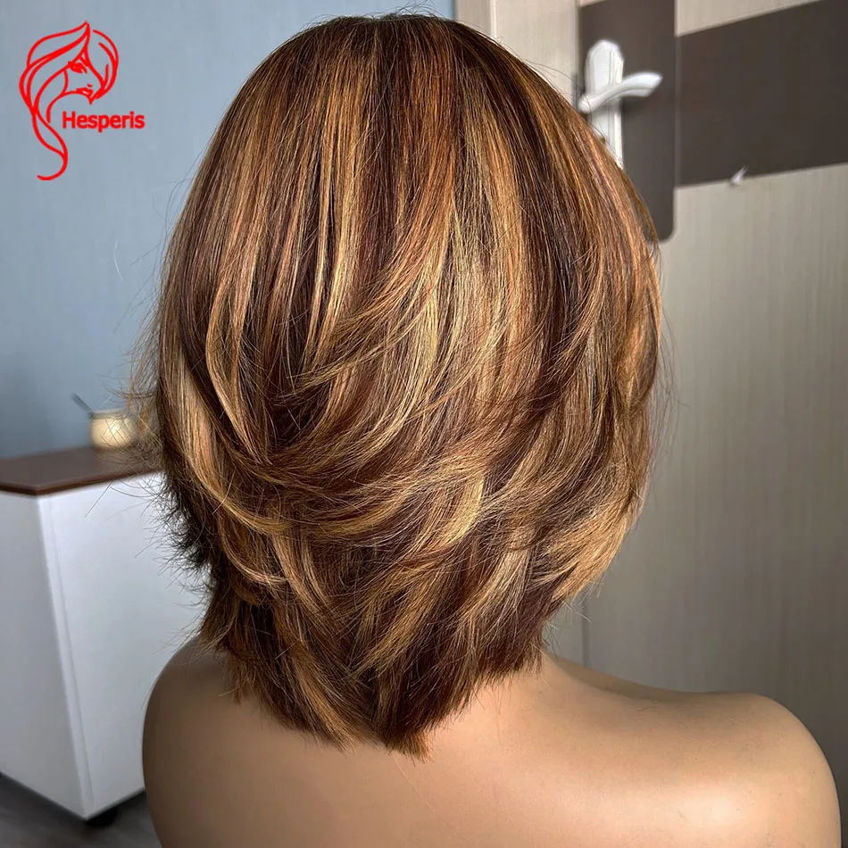 Hesperis Honey Blonde Highlight Full Machine Made Wigs Human Hair Brazilian Remy Short Bob Cut Wig With Bangs Scalp Top Ombre