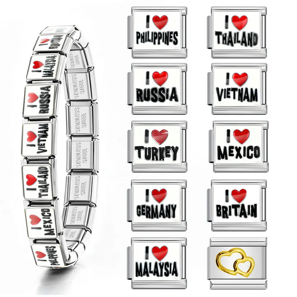 Ich liebe Reisen, Souvenir, klassischer elastischer Charm, Liebe zum Land, Edelstahl, italienischer Charm, passend für 9mm, zum Basteln von DIY-Armbändern und Schmuck – Detail 1