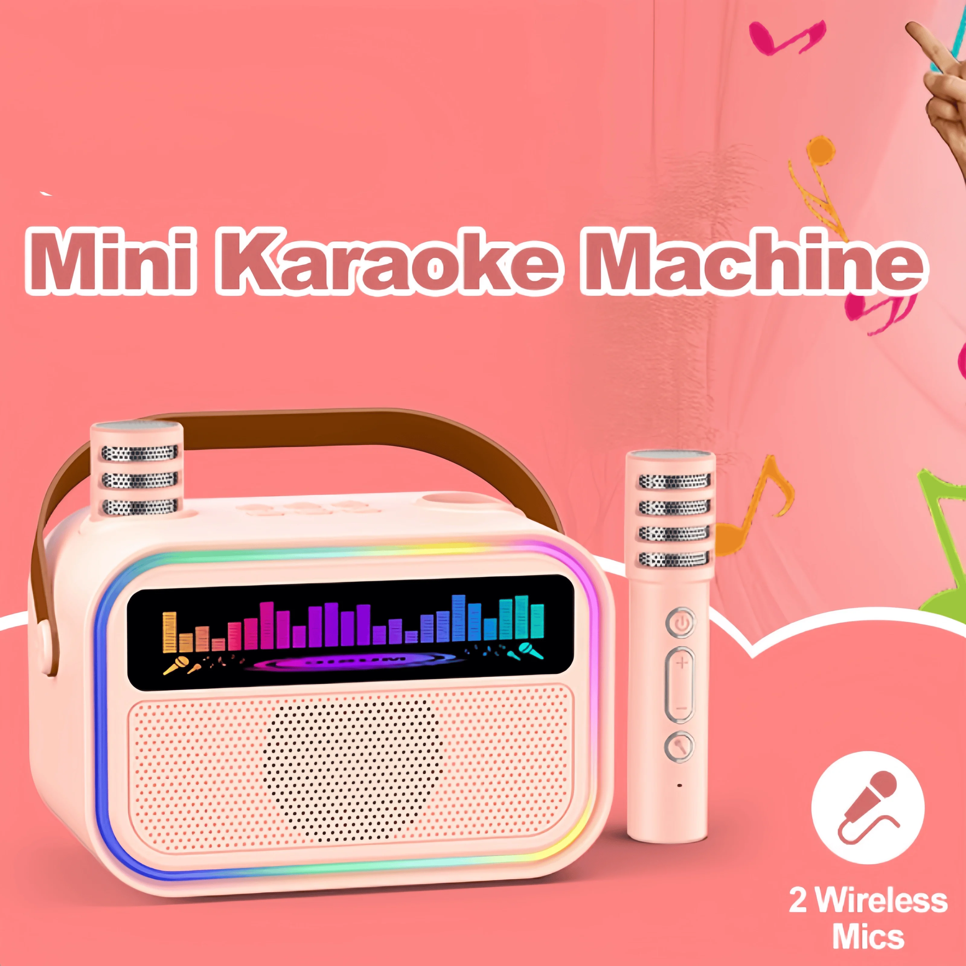 

Караоке-машина, портативная акустическая система Bluetooth 5,3, светодиодная подсветка с 2 беспроводными микрофонами, домашний семейный пение, детские подарки