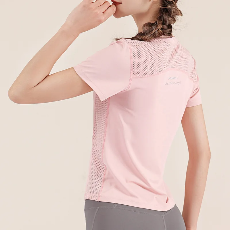Crew Neck Back Mesh Yoga Clothes Women, Running Fitness Quick-drying Short-sleeved Loose High-elastic Sports T-shirt