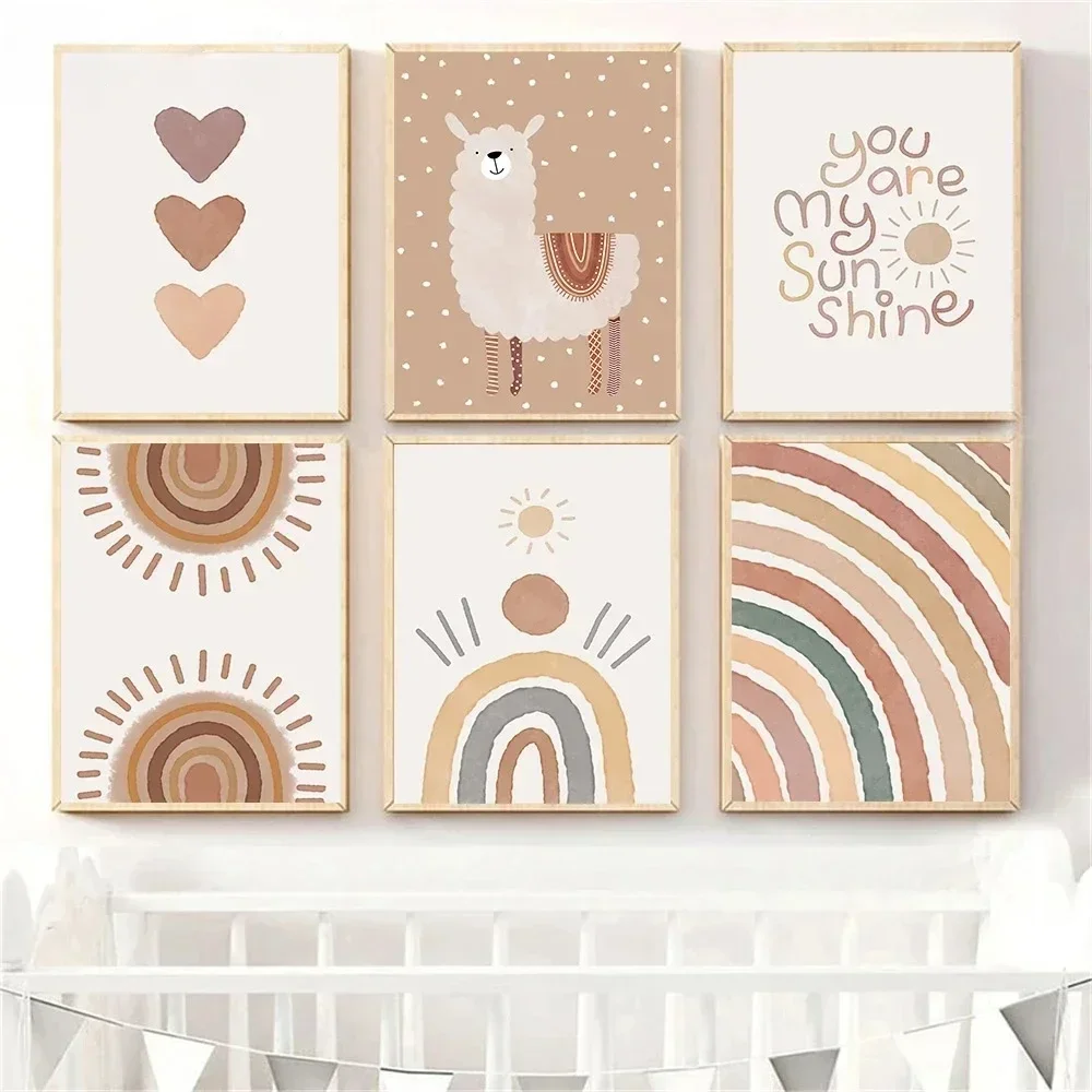 Boho Rainbow Heart Unicorn Bear Wall Art Poster Heart Quotes Canvas Painting Abstract Mural Prints Nursery Kids Room Home Dec