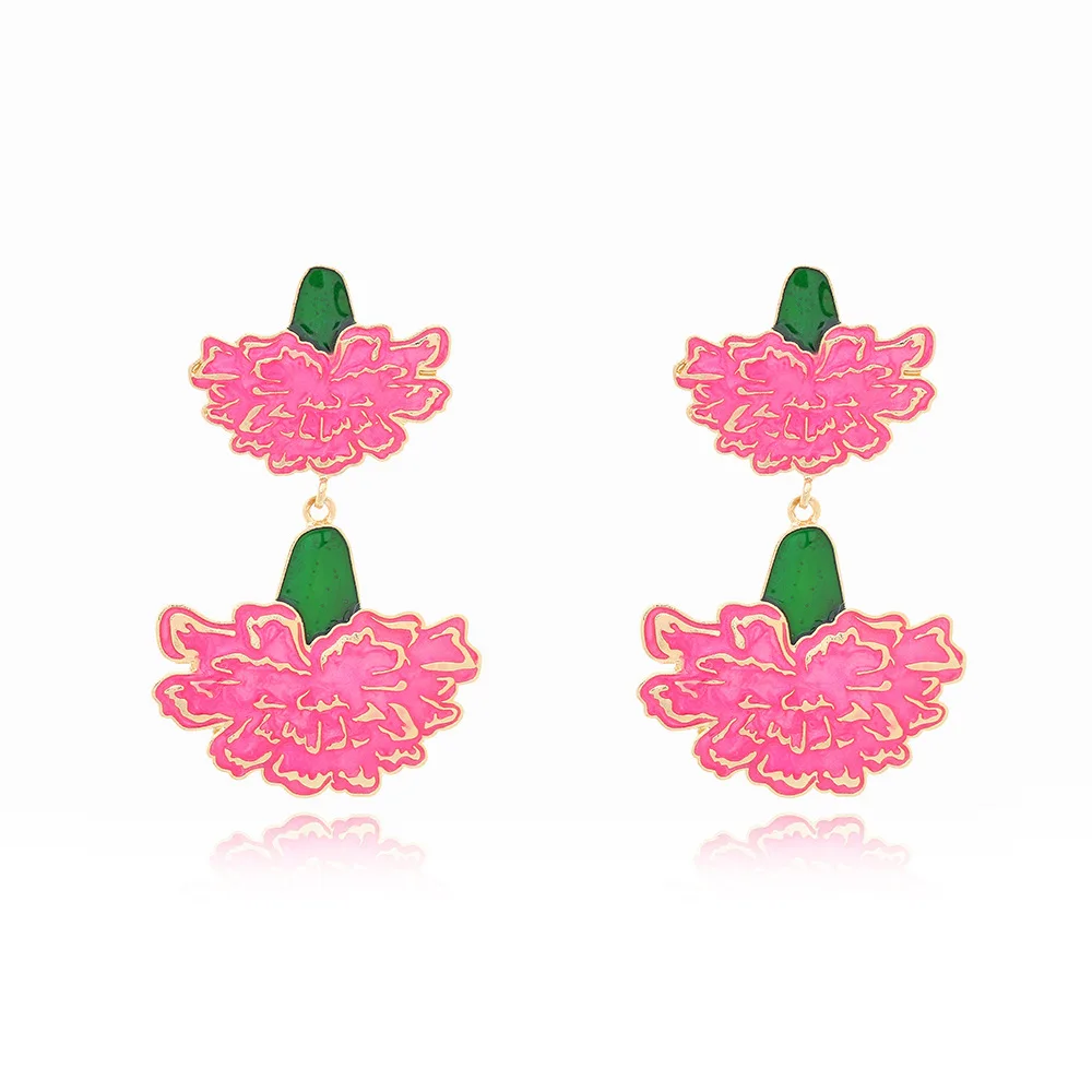 Fashion Vacation Style Metal Oil Dripping Carnation Pendant Earrings Female Mother's Day Enamel Flower Earrings Female
