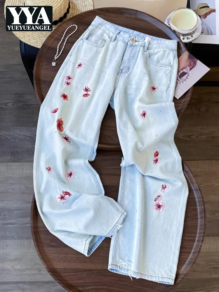 

Autumn New Fashion Vintage Diamond Red Embroidered Flower Women Jeans Straight-Leg High Street Trousers Full Length Denim Pant