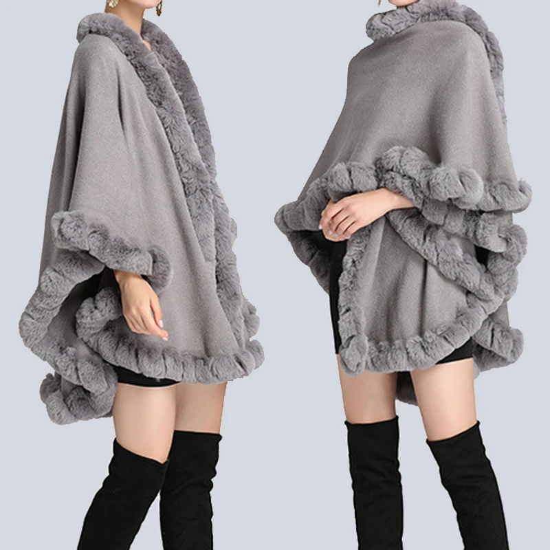 Fashion Handcraft Full Trim Faux Rex Rabbit Fur Cape Coat Loose Knit Cashmere Cloak Shawl Women Fall Winter New Pallium Outwear