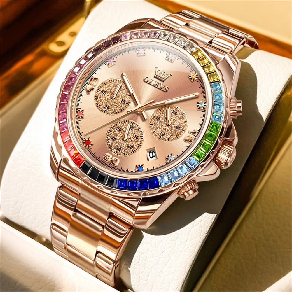 Uhr für Männer OLEVS Regenbogen Edelstein Lünette Business Luxus Top Marke Quarz Uhren Wasserdichte Sport Uhren reloj hombre 5