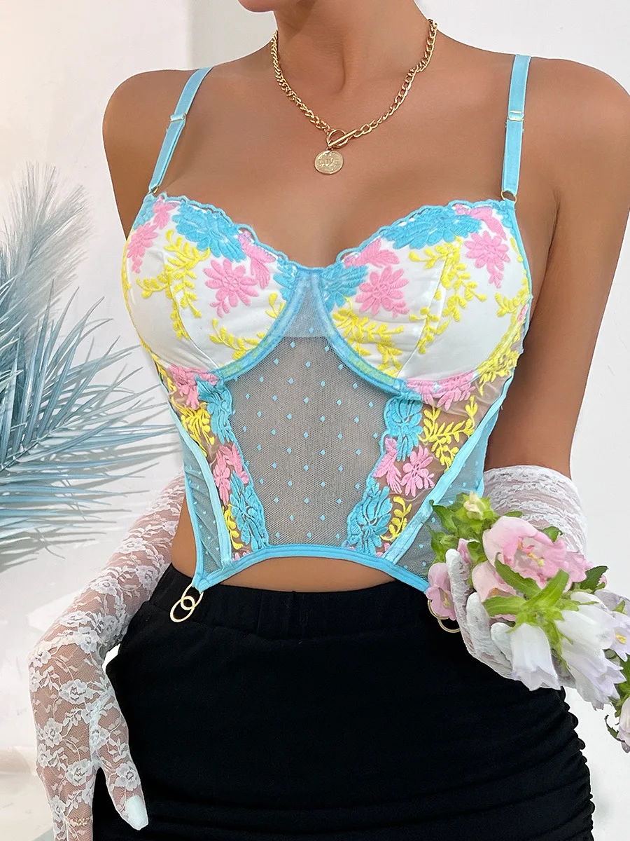 Women's Versatile Fresh Top Contrasting Flower Embroidery Short Chest Lining, Exposed Navel Tank Top Versatile Summer New  B96Y