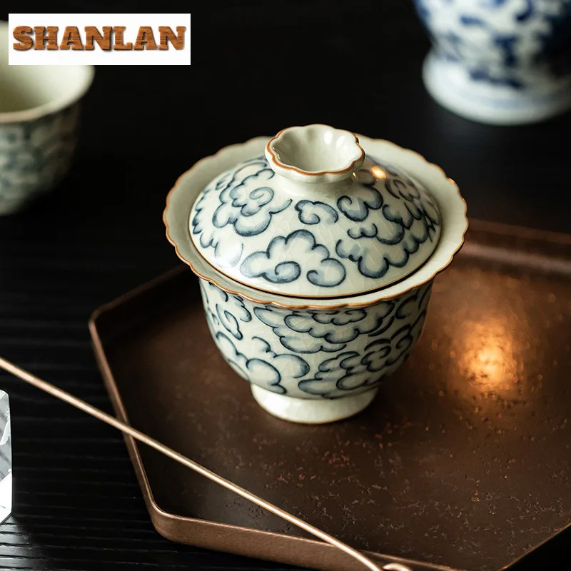 Ru Kiln Lace Ercai Cover Bowl Zen Auspicious Cloud Fair Cup Ceramic Anti-scald Gaiwan Creative Justice Cup Tea Brewing Teaware