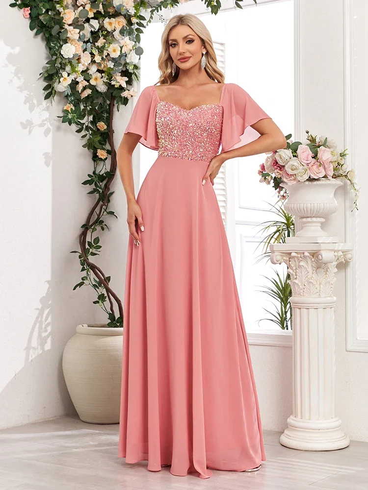 Women Square Neck Short Sleeve Coral Pink Formal Evening Dress A-line Sequin Chiffon Birthday Party Long Dress New